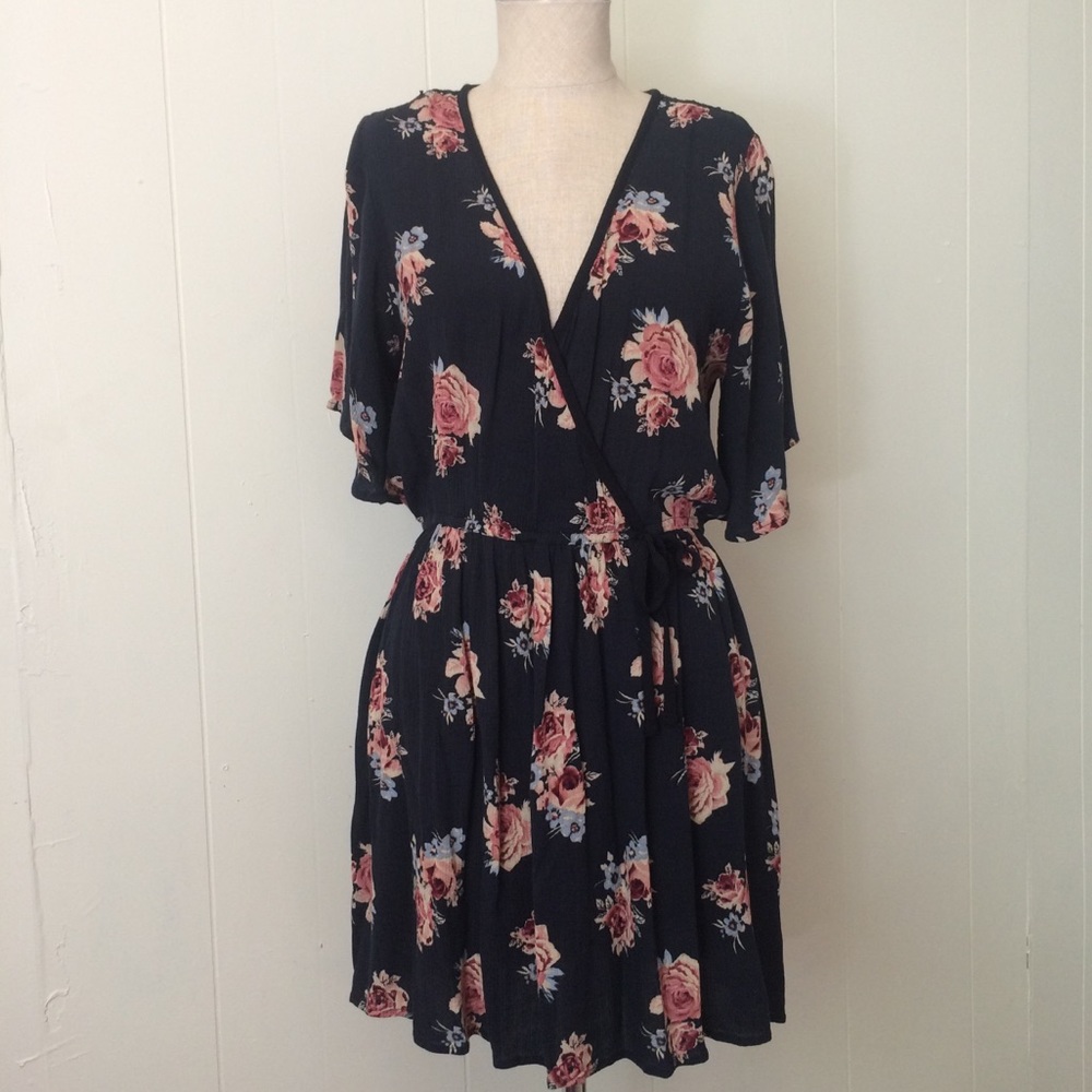 Navy Floral Faux Wrap Dress